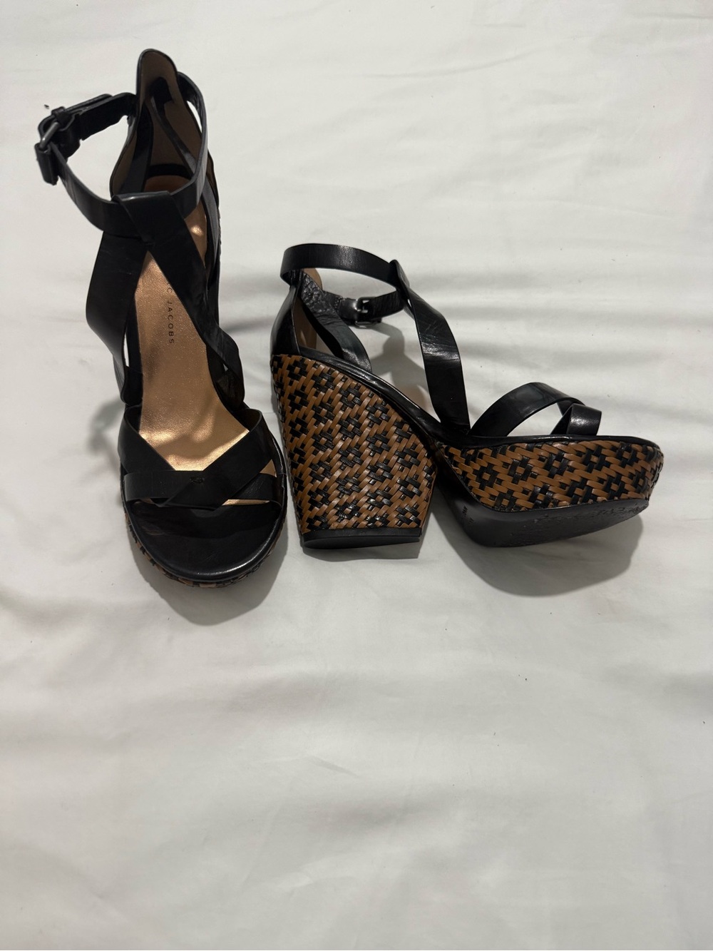 Marc by Marc Jacobs - Black Strappy Wedge Sandals with Brown Woven Platform
